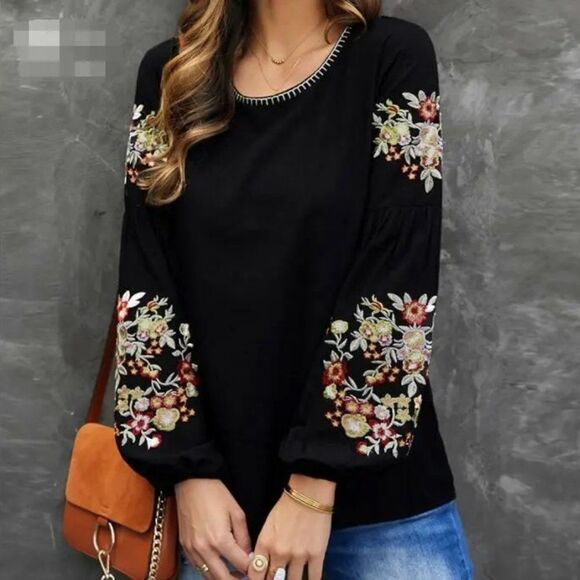 Black Floral Embroidery Long Sleeve Casual Round Neck top, size 2XL - Picture 1 of 5
